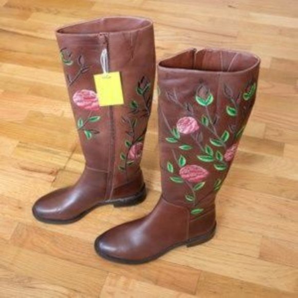 Gianni Bini Leather Knee High Embroided Boots - Picture 2 of 2